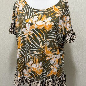 Cato short sleeve top, floral with contrasting animal print hem and sleeves, XL